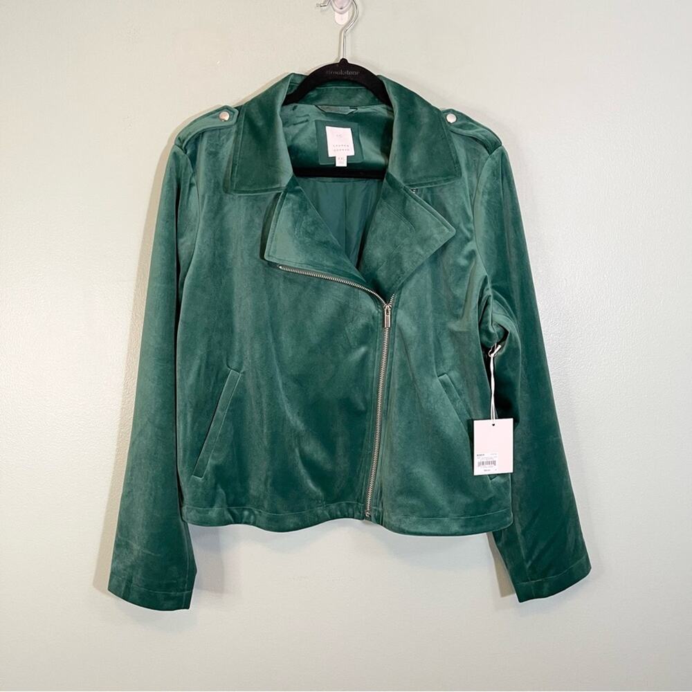 LC Lauren Conrad Collared Long Sleeve Full Zip Velvet Moto Jacket Green XXL NWT - Picture 2 of 11
